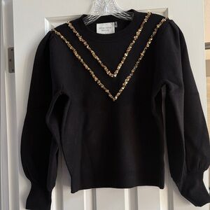 Hyacinth House Women's Black Crewneck Sweater with Gold Sequin V Detail